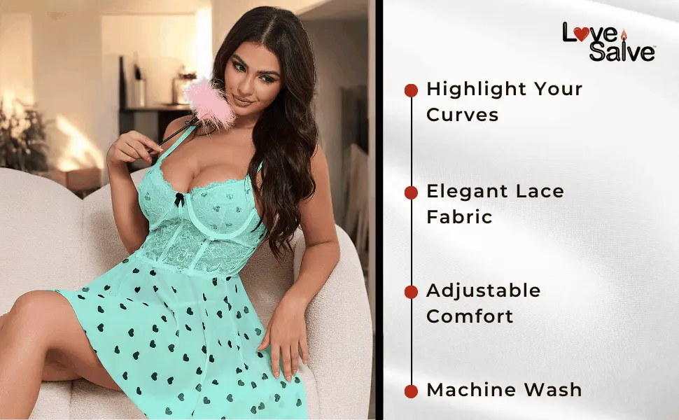 Love Salve Lingerie Heart Printed Lace Mesh Push up Night Dress - Love Salve